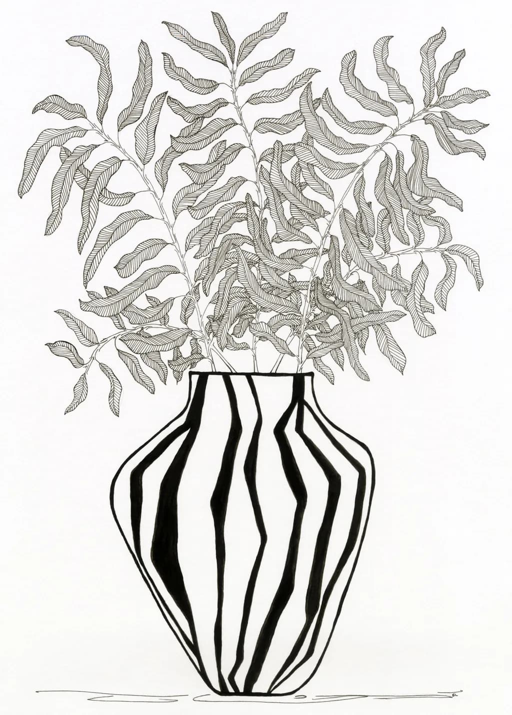 Elegant Stripes: A Monochrome Vase with Lush Foliage