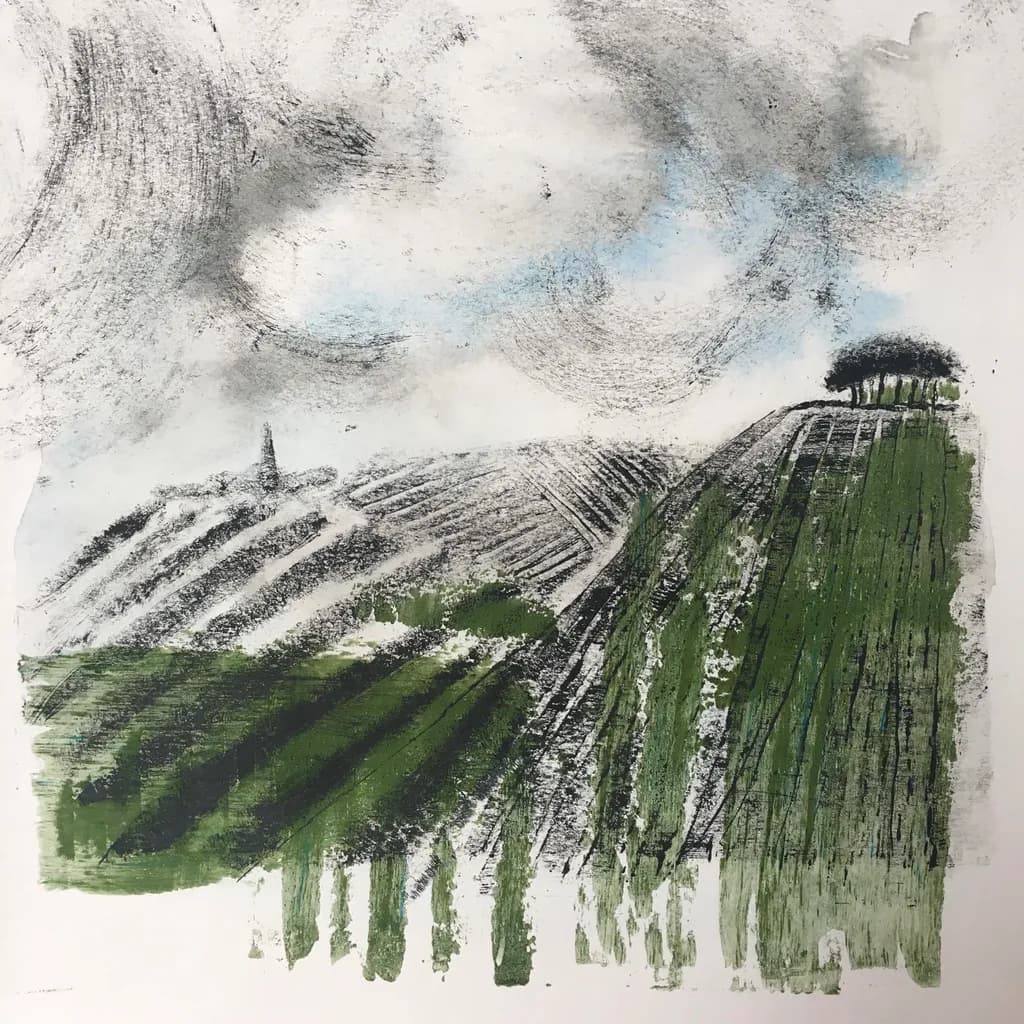 Whispers of Green Hills: An Abstract Landscape of Texture and Sky