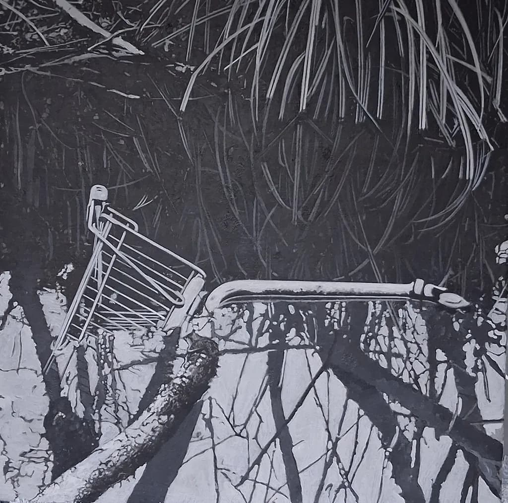 Urban Reflections: The Abandoned Cart in Still Waters
