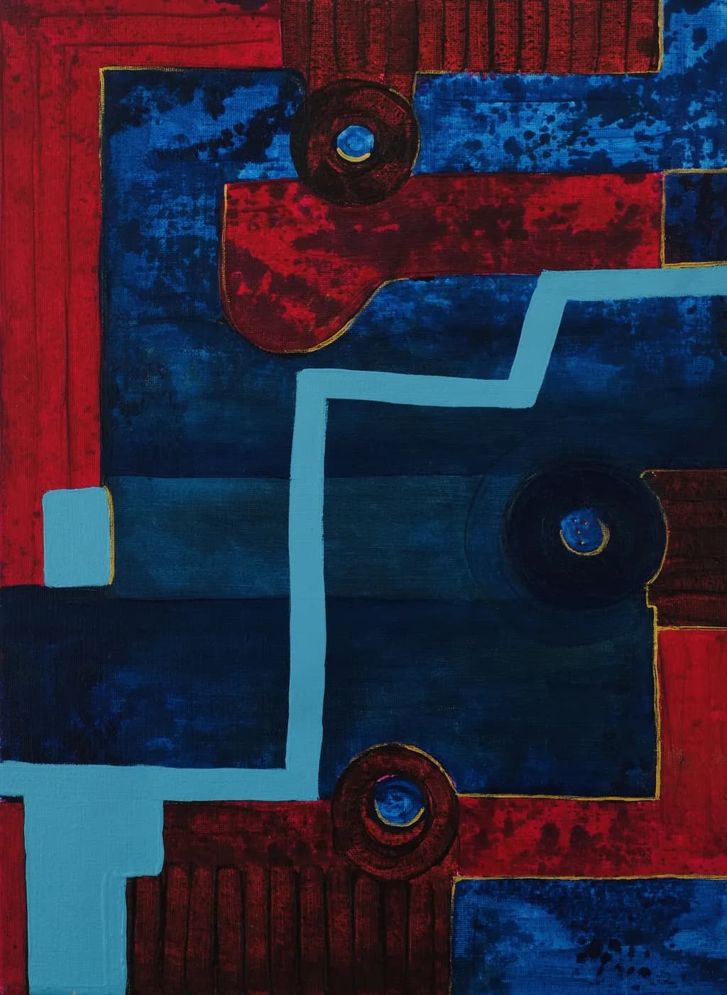 Vibrant Geometric Harmony: A Dance of Red and Blue in Abstract Form