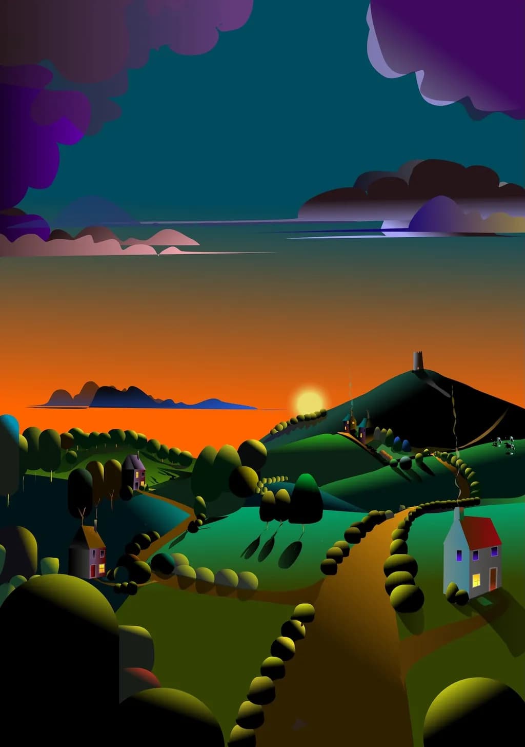Serene Sunset Over Colorful Hills: An Abstract Landscape Journey