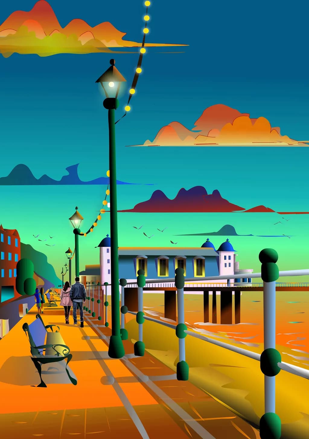 Vibrant Sunset Stroll: A Scenic Promenade of Love and Architecture