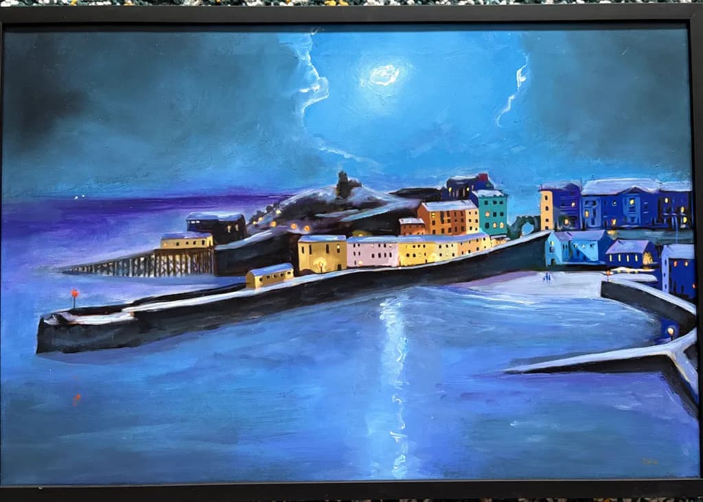 Whispers of Twilight: A Coastal Town's Embrace Under Moonlight