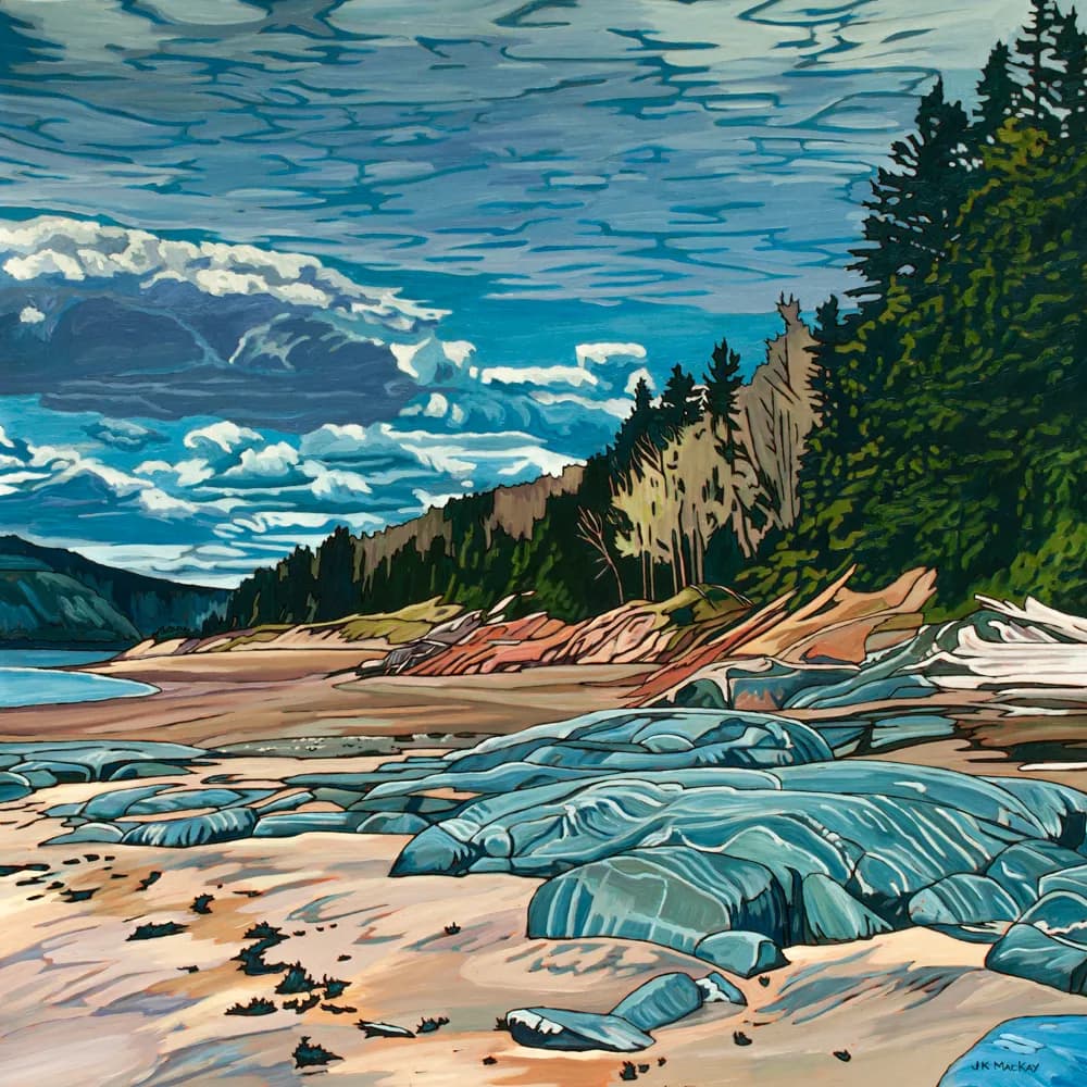 Coastal Serenity: A Vibrant Landscape of Rocks, Sky, and Trees by the Beach