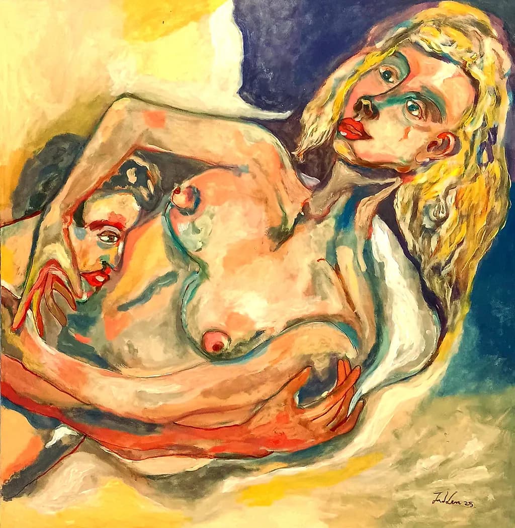 Embrace of Duality: A Colorful Exploration of Feminine Identity and Connection