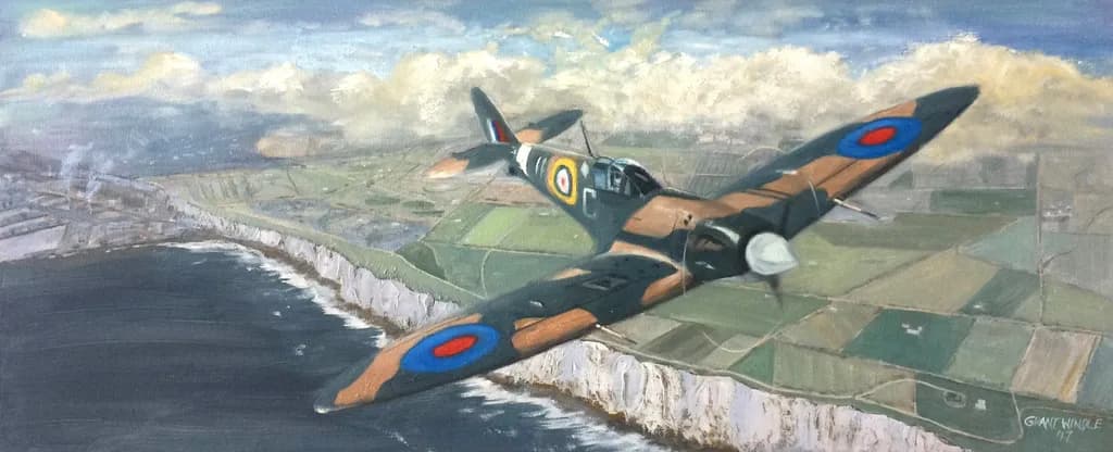 "Above the Cliffs: A Tribute to the Spitfire - Oil on Canvas - 24x36 - For Sale - Capturing the majestic flight of a Spitfire over the iconic white cliffs, this piece reflects my deep appreciation for aviation history and the landscapes that inspire it."