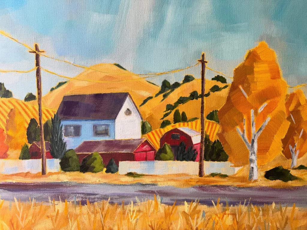 Golden Autumn Serenity: A Countryside Landscape with Barns and Trees