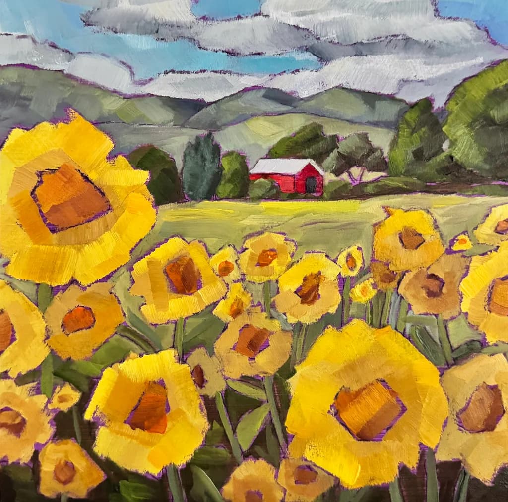 Vibrant Sunflower Fields: A Scenic Rural Landscape Painting with a Touch of Charm