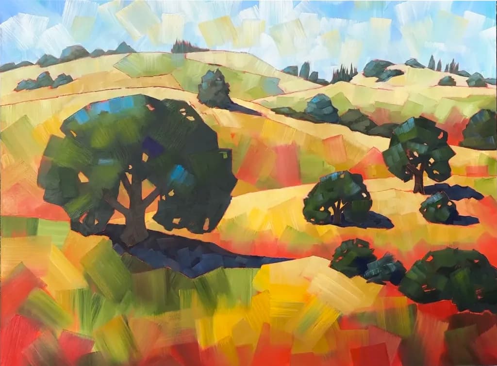Vibrant Hillside Harmony: A Colorful Landscape of Trees and Fields