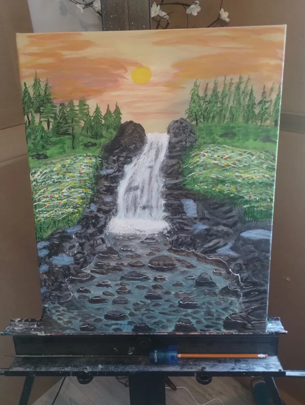 Whispers of Nature: A Serene Waterfall at Sunset