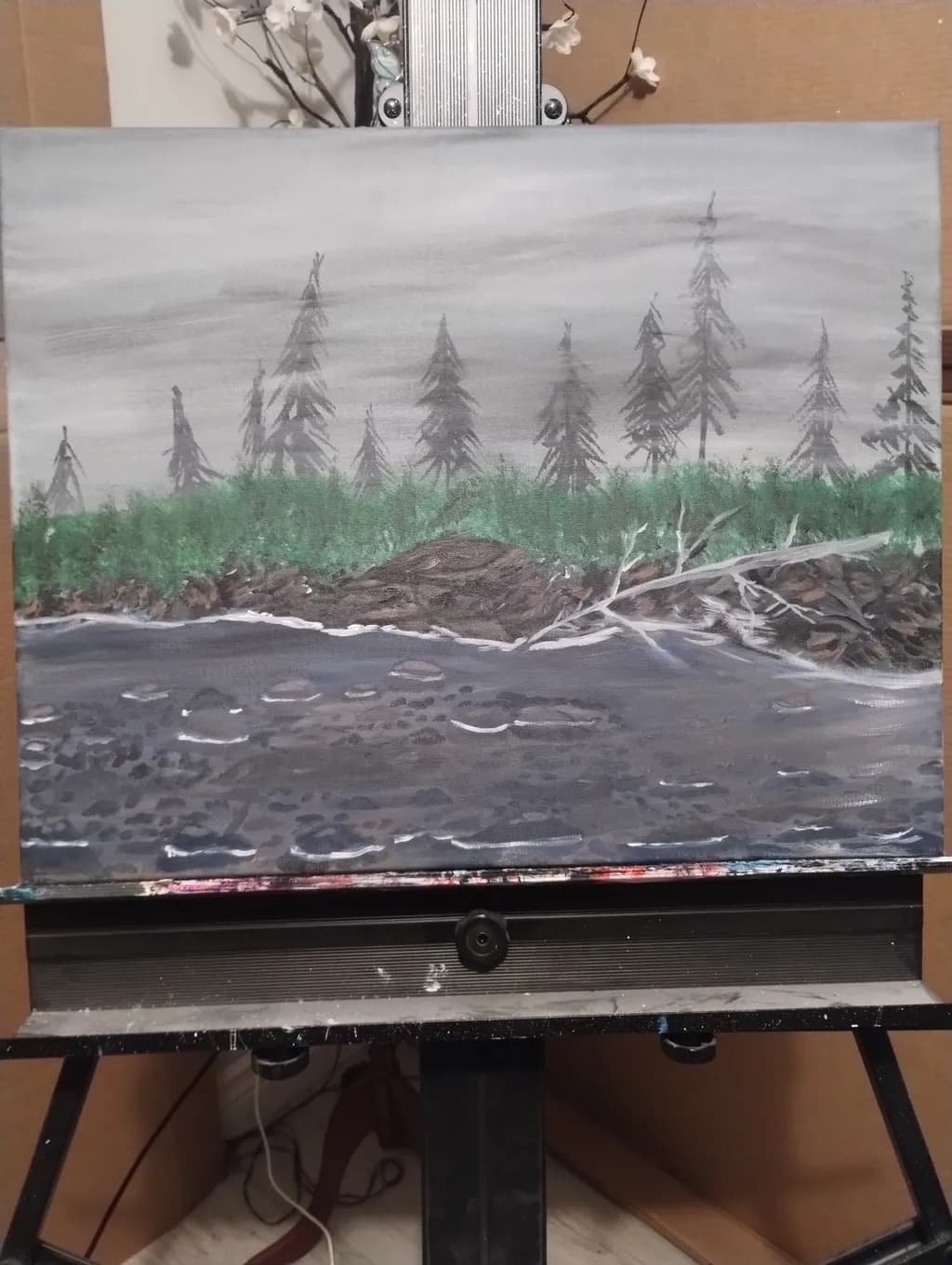 Whispers of the Gray Forest: A Serene Landscape Painting of Water and Pines