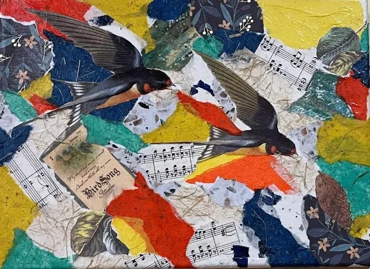 Whispers of Melody: Swallows in a Colorful Collage of Nature and Music