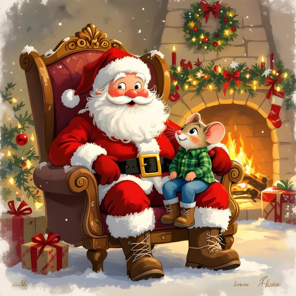 Whimsical Christmas Cheer: Santa and His Little Mouse Friend by the Cozy Fireplace