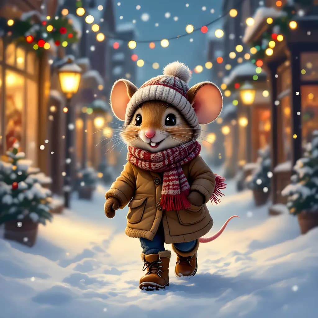 Whimsical Winter Stroll: A Cheerful Mouse in a Snowy Wonderland
