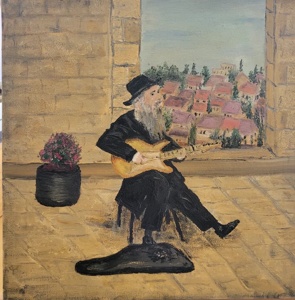 Melodies of the Past: A Bearded Musician in a Sunlit Room with a View of a Charming Village