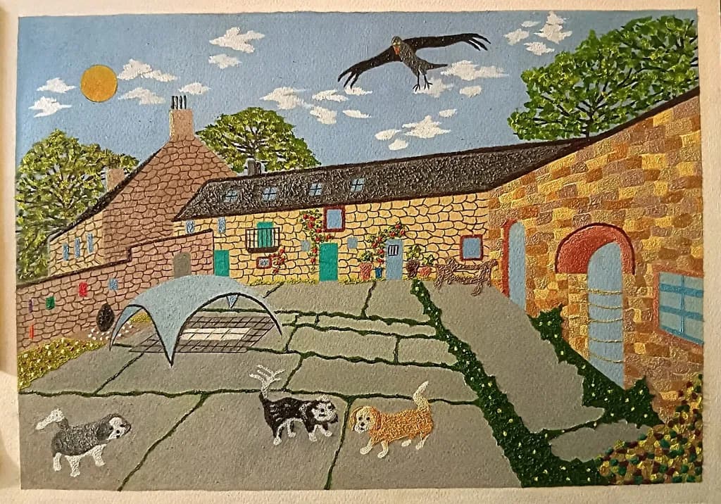 Courtyard Dogs and Stork