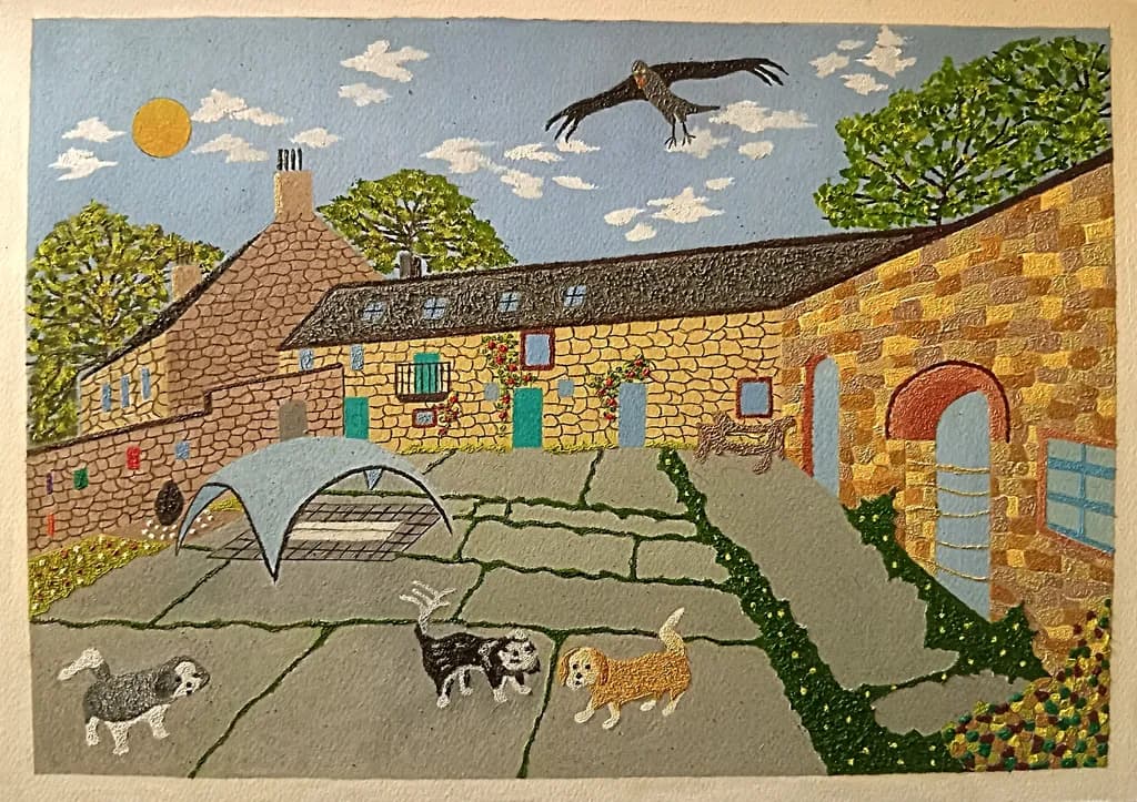 Courtyard Dogs and Stork