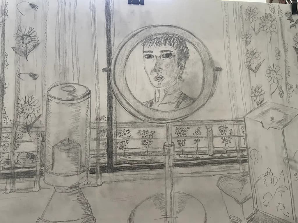 Reflections of Self: A Portrait in Sketch Amidst Floral Serenity