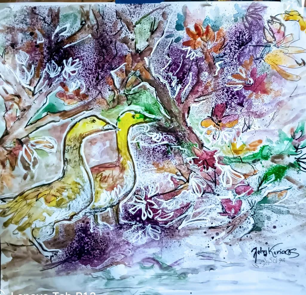 Whispers of Nature: A Serene Encounter with Golden Ducks Amidst Blossoms