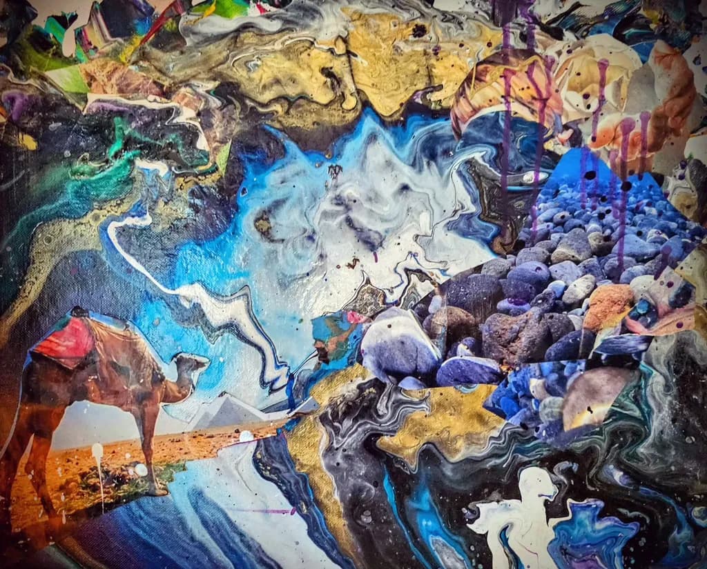 Desert Dreams: A Colorful Abstract Journey with Camel and Landscape Textures
