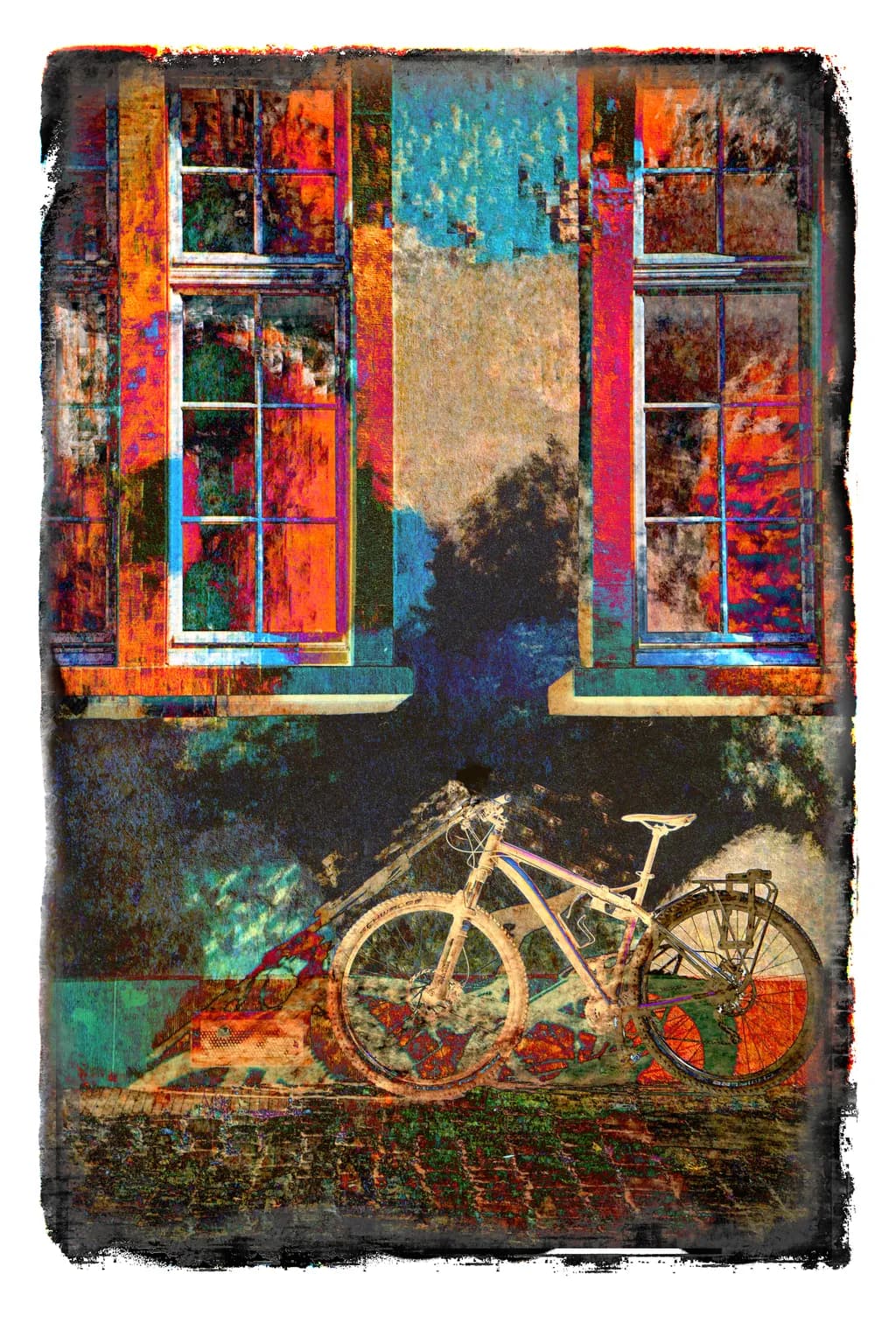 Vibrant Urban Journey: A Colorful Bicycle Against Abstract Windows
