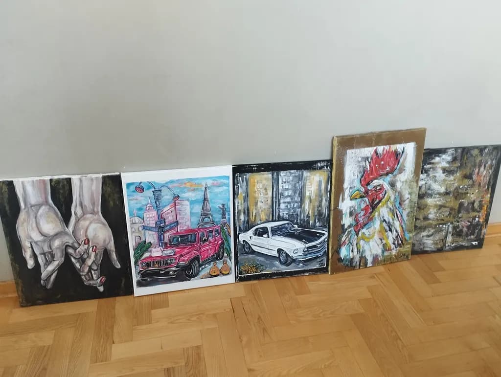 Urban Expressions: A Vibrant Collection of Contemporary Art Featuring Hands, Iconic Vehicles, and Bold Animal Portraits