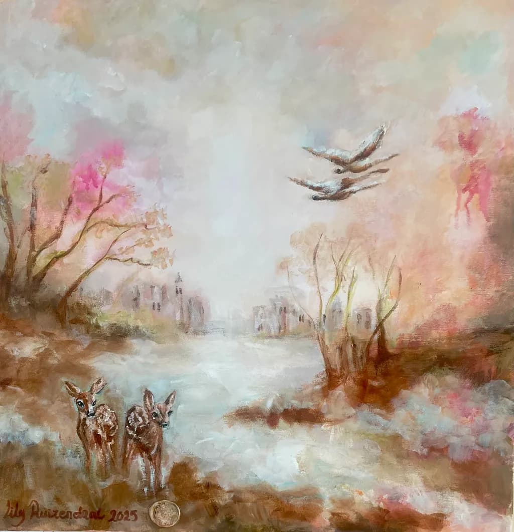 Whispers of Serenity: A Dreamy Landscape with Deer and Soaring Birds
