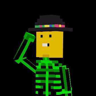 Blocky Playfulness: A Cartoon Character in Green and Black Hat Salute