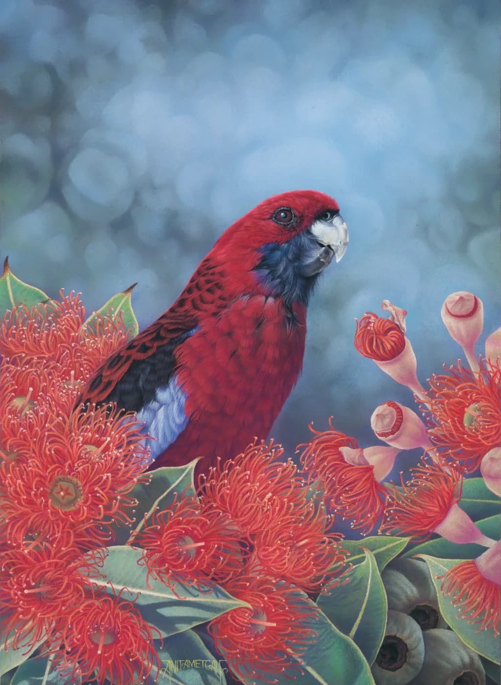 Crimson Parrot Among Blossoms