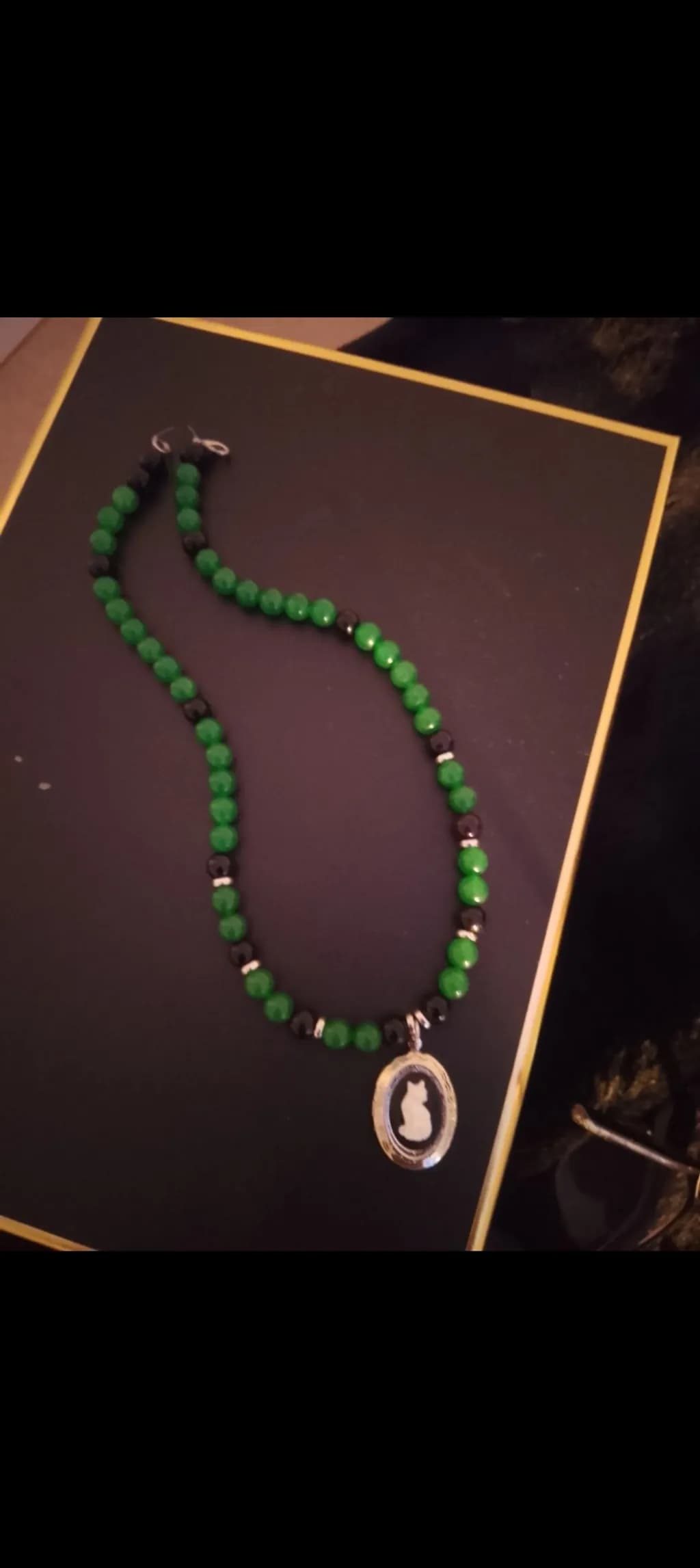 Green Beaded Necklace with Cat Pendant