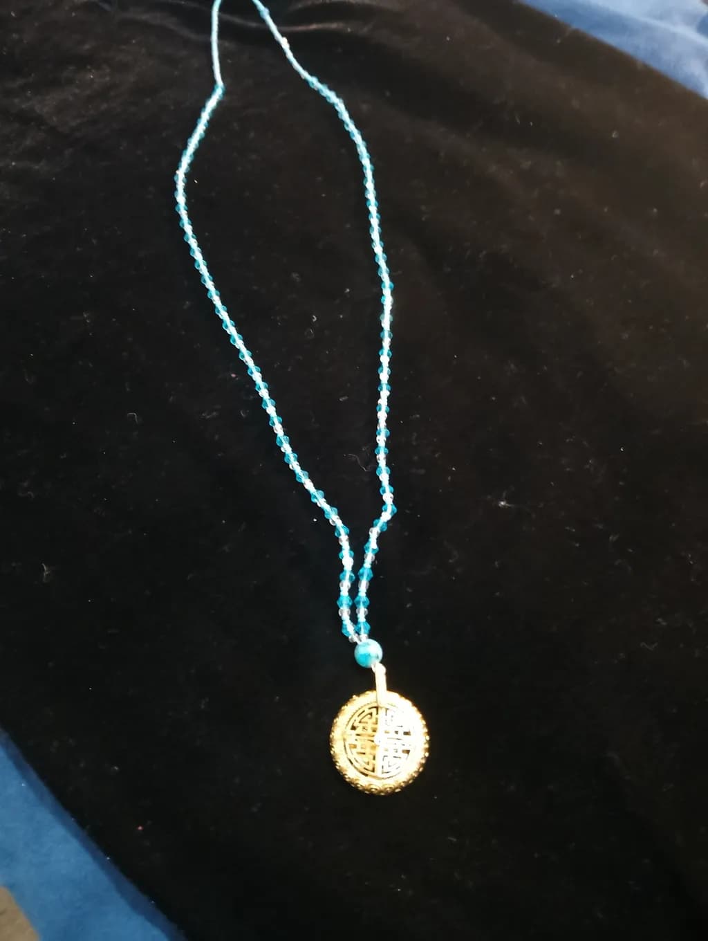 Beaded Blue Necklace with Gold Pendant