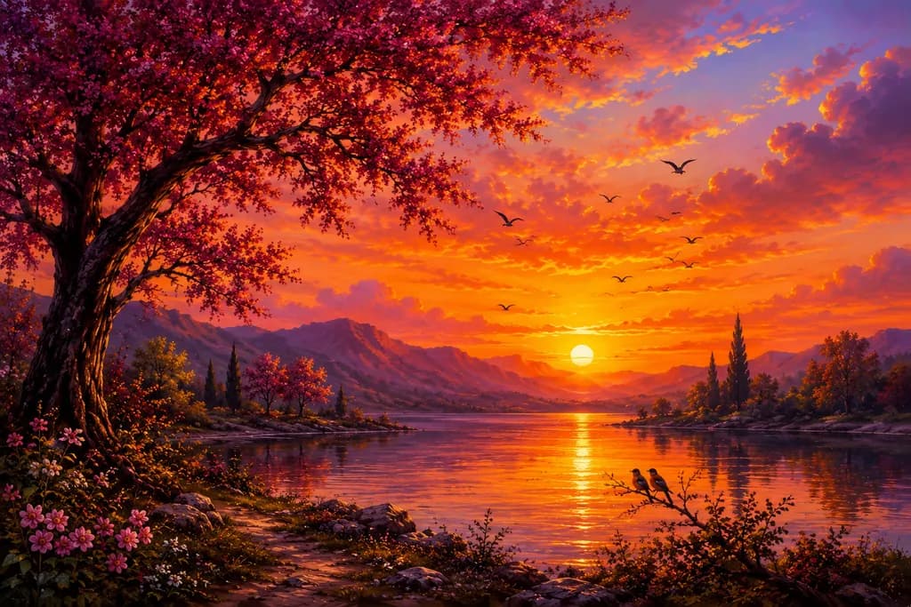 Sunset Over Lake and Mountains