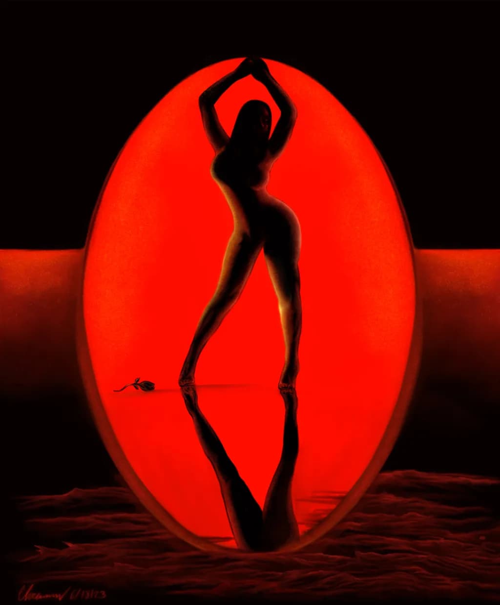 Ethereal Embrace: A Silhouette in Red Reflection