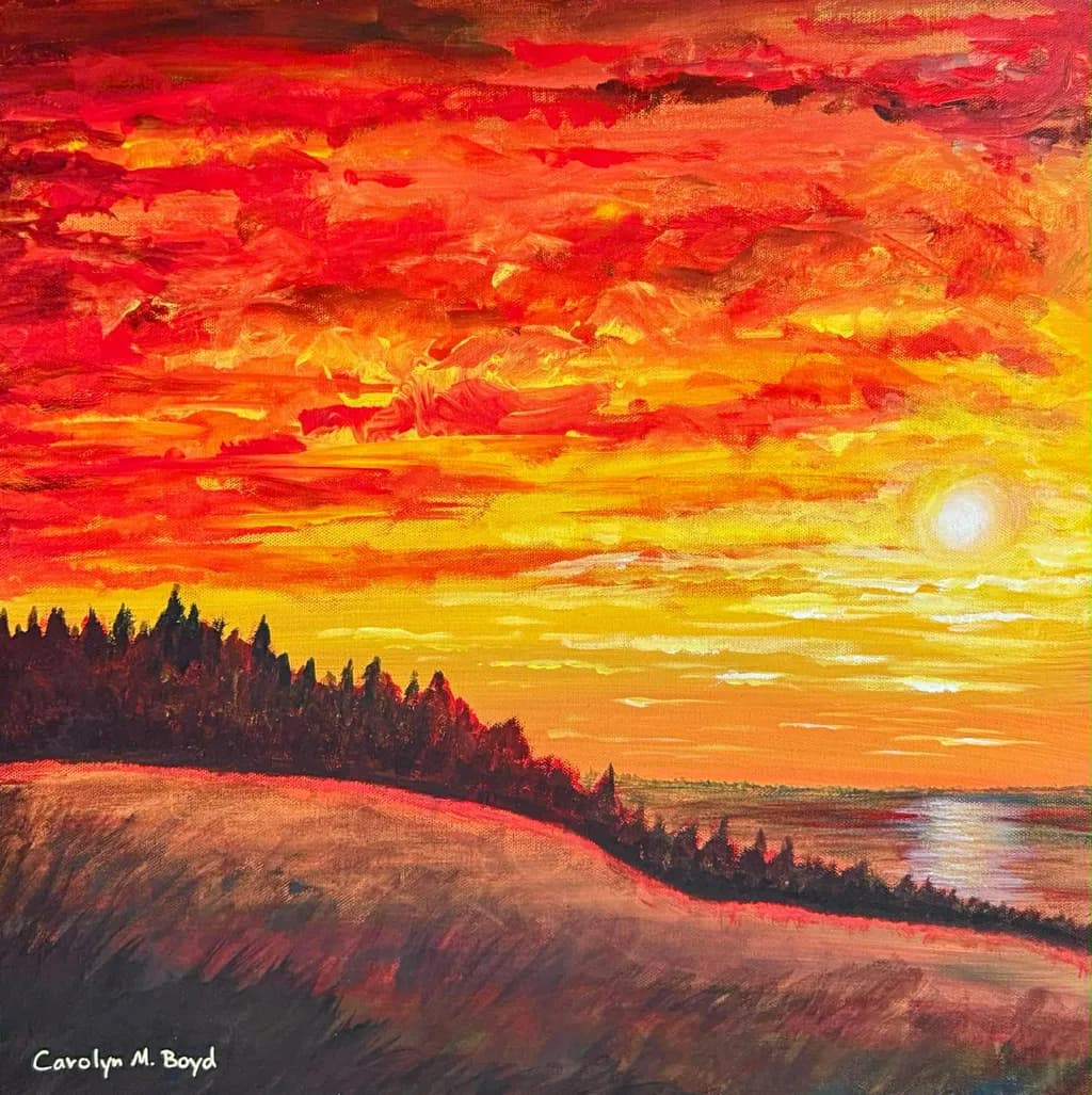 Crimson Sunset Over Forested Hills