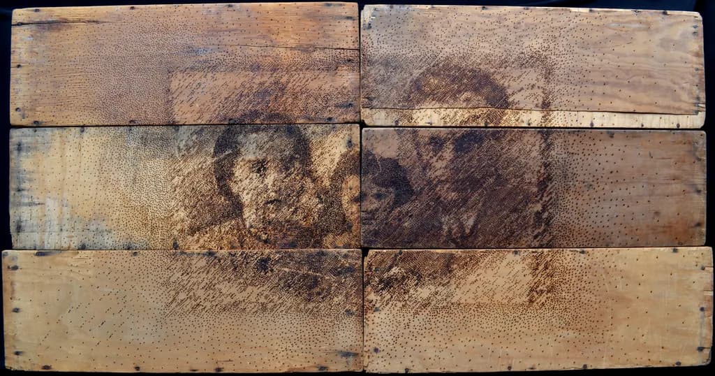 Title: From the series Portraits of Nameless Families. Burned drawing on recycled wood. 2015