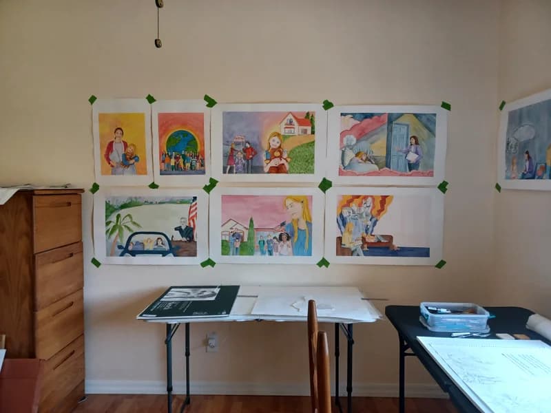 Working on illustrations for a book at my studio.