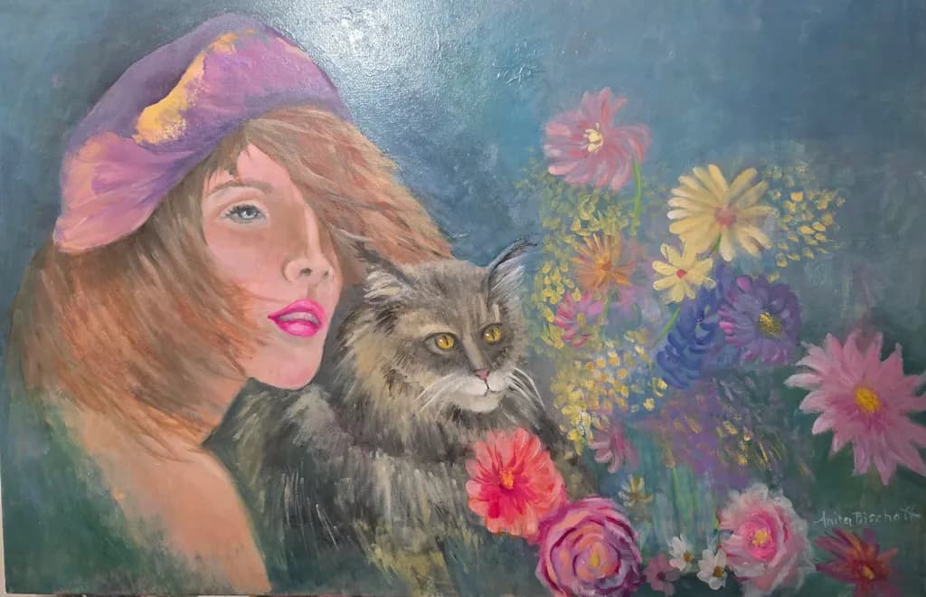 Girl with Cat and Flowers
