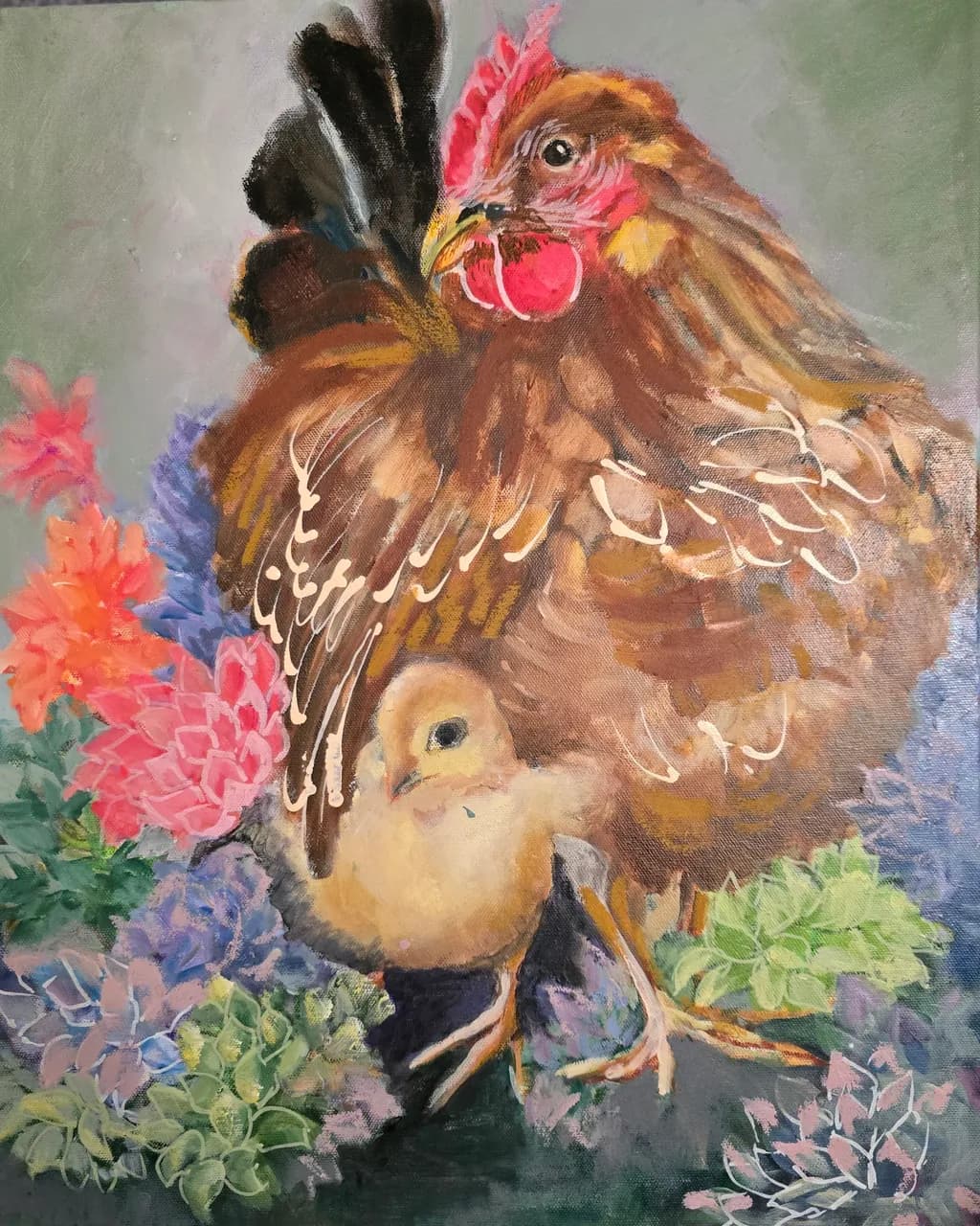 Hen and Chick Among Flowers