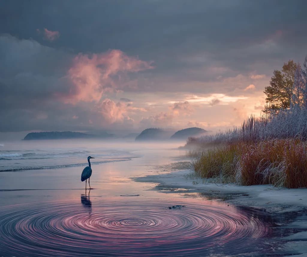 Mistbound Heron Sunrise