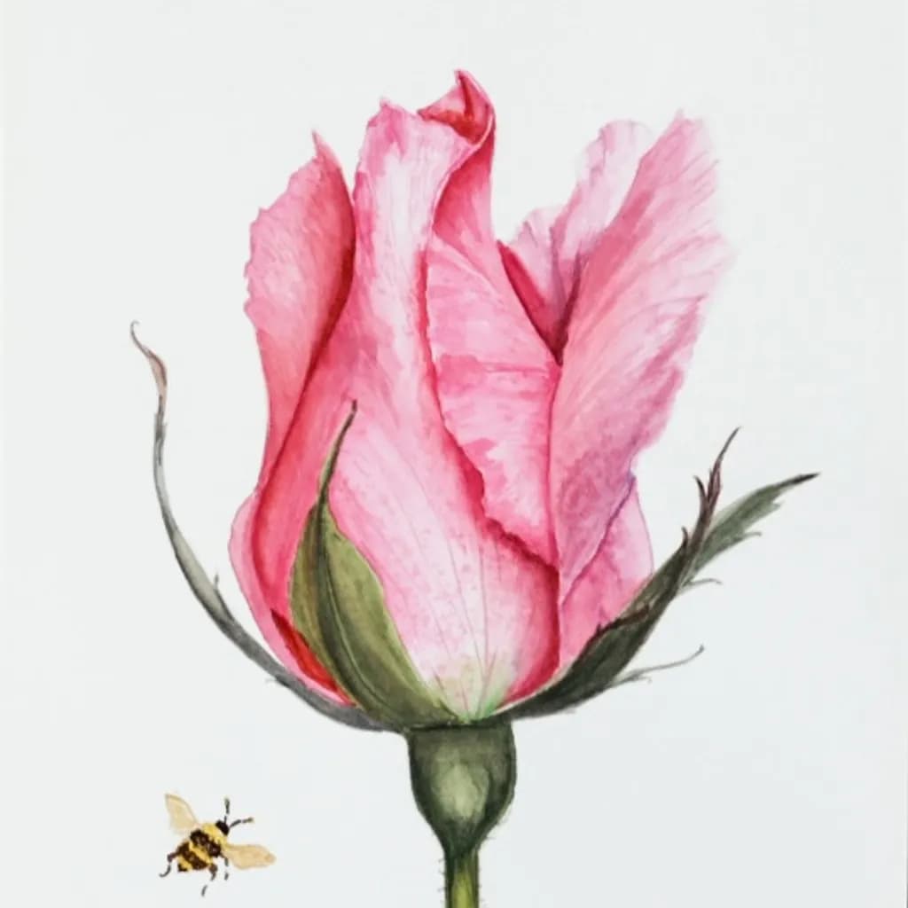 Pink Rose Bud with Bee