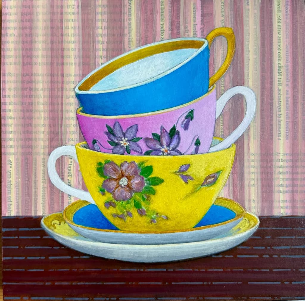 Whimsical Stacks: A Colorful Tea Cup Symphony