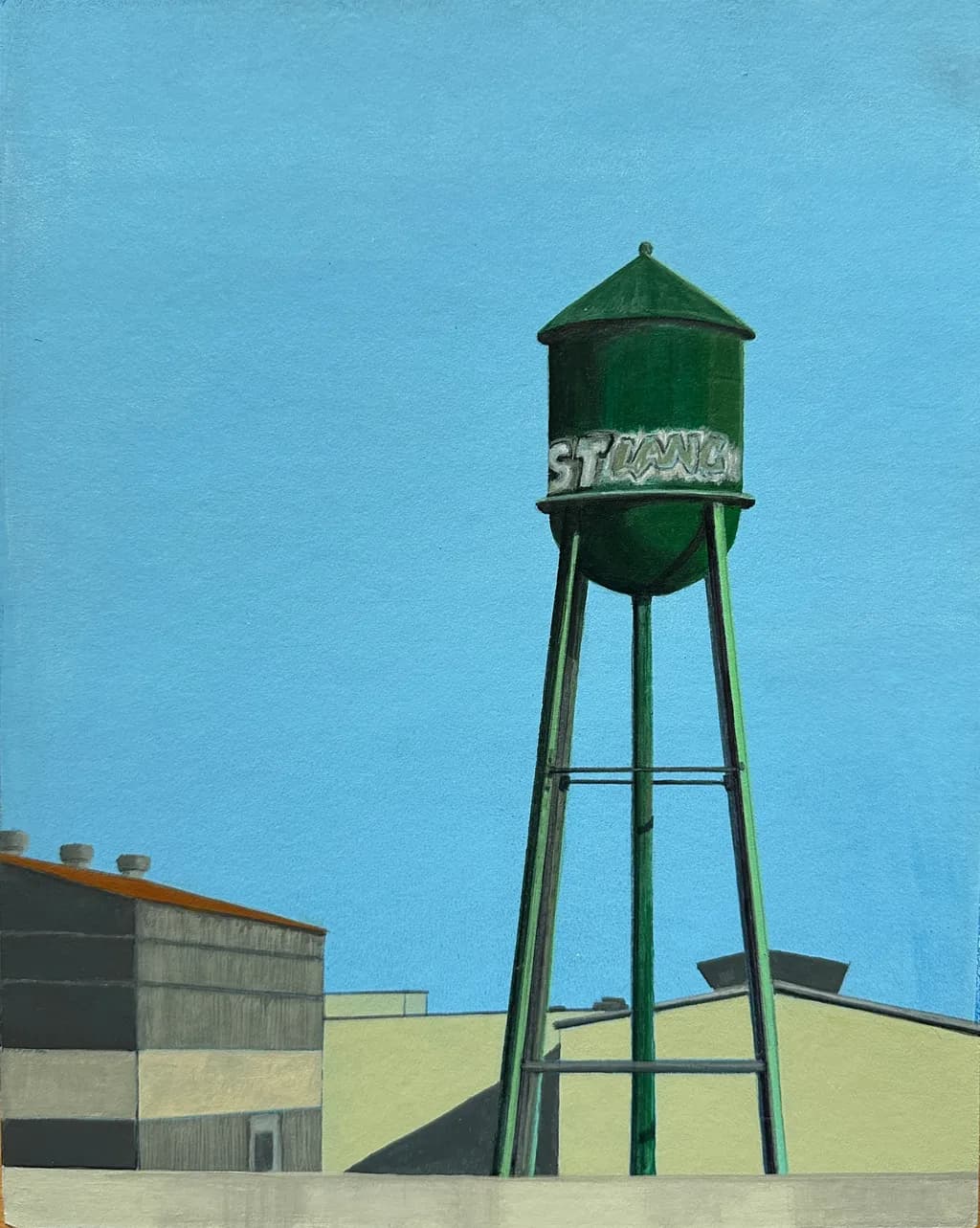 Urban Sentinel: The Green Water Tower Against a Clear Blue Sky