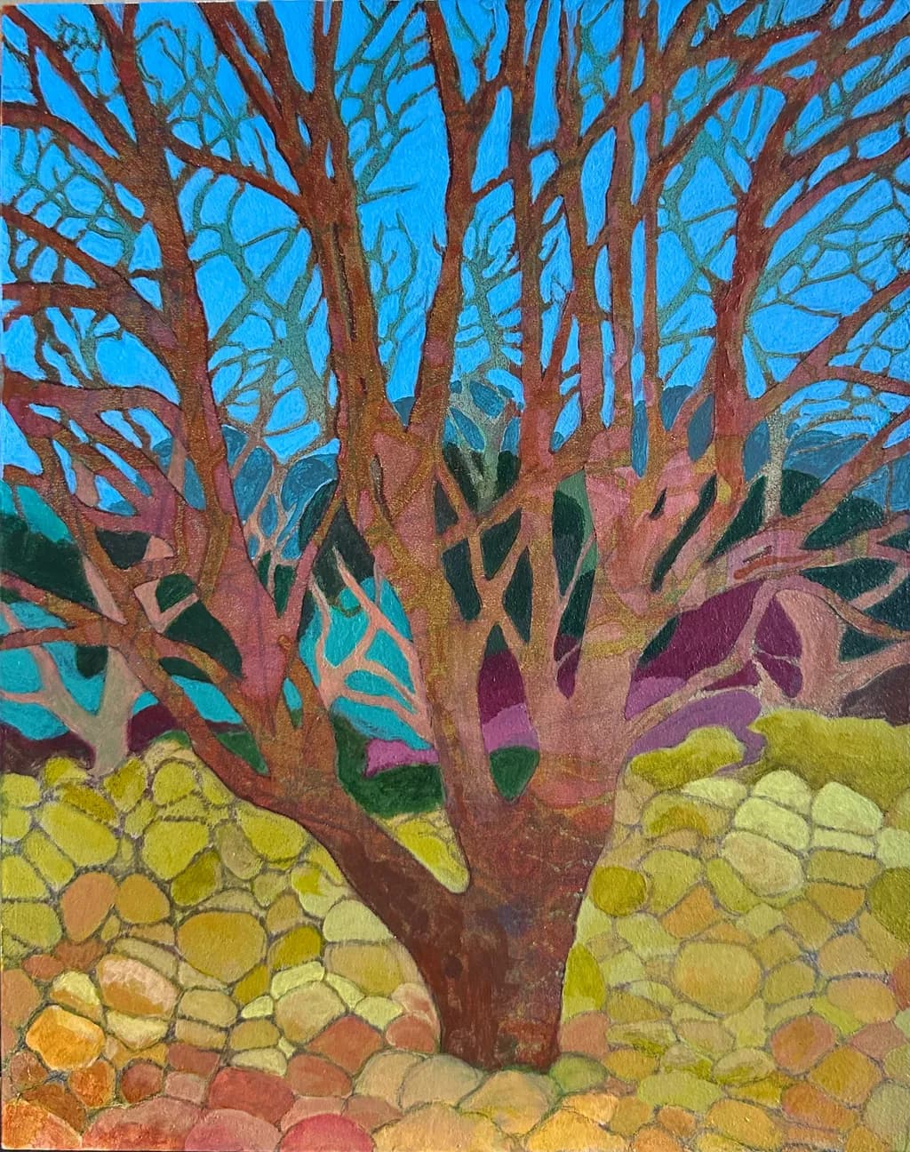 Whispers of Nature: A Colorful Abstract Landscape of Tree Branches and Stones