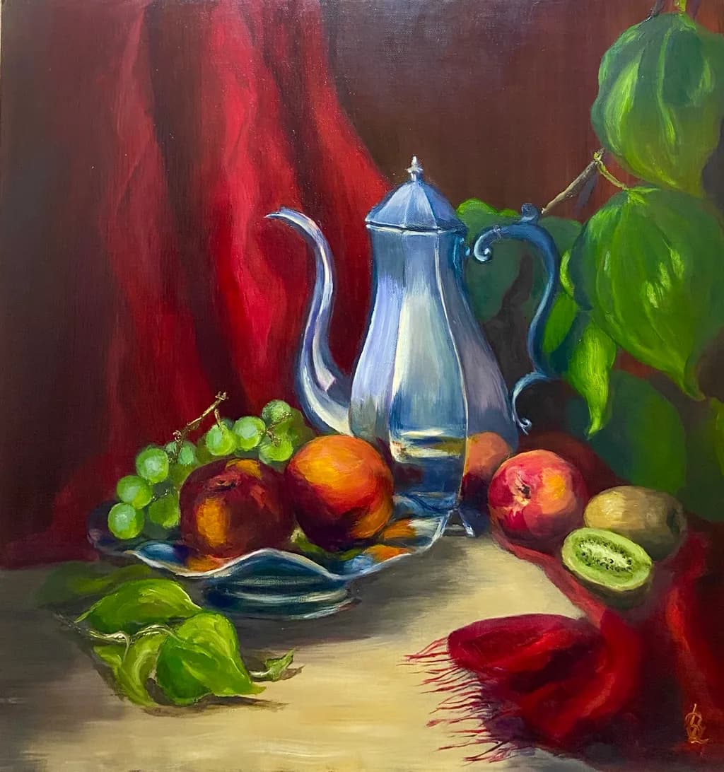 Silver Coffee Pot and Fruit