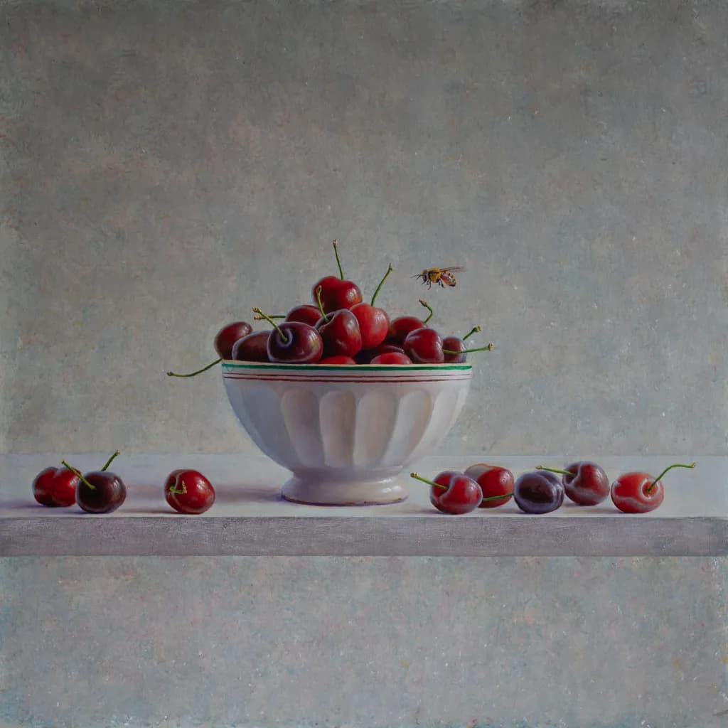 Cherries and Hovering Bee
