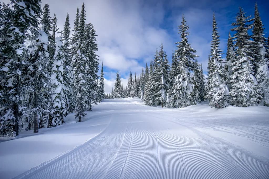 Morning Corduroy: A Quiet First Run Through Snow-Laden Pines
