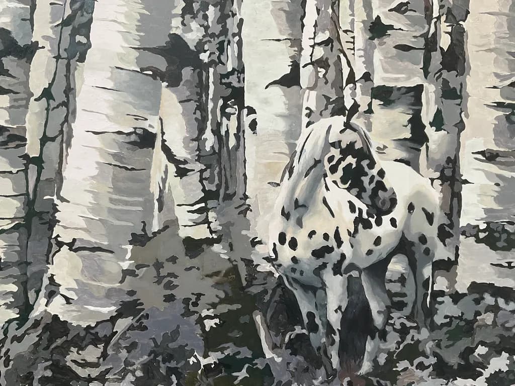 Camouflaged Horse in Birch Forest