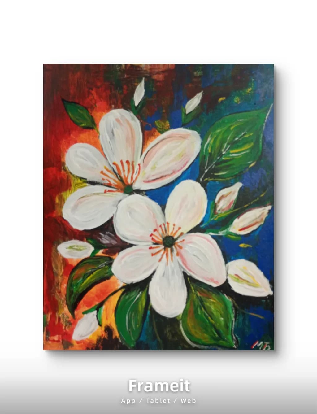 White Blossoms in Blue and Red
