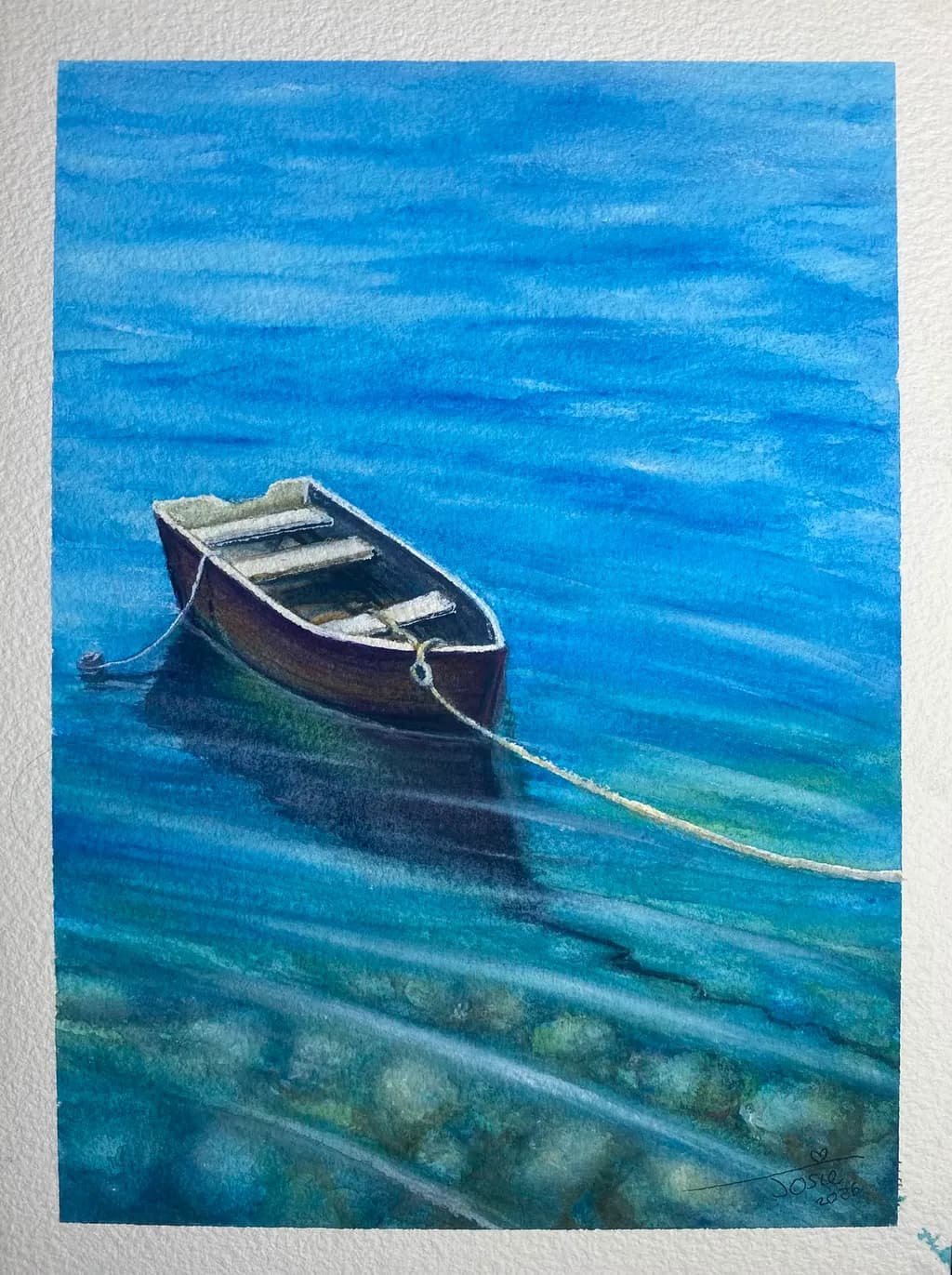 Tethered Boat on Clear Water