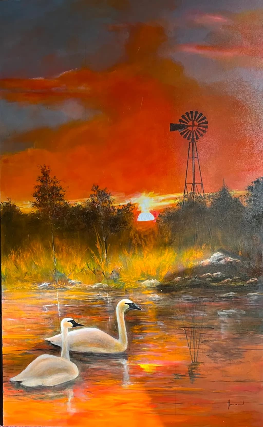 Sunset Swans and Windmill